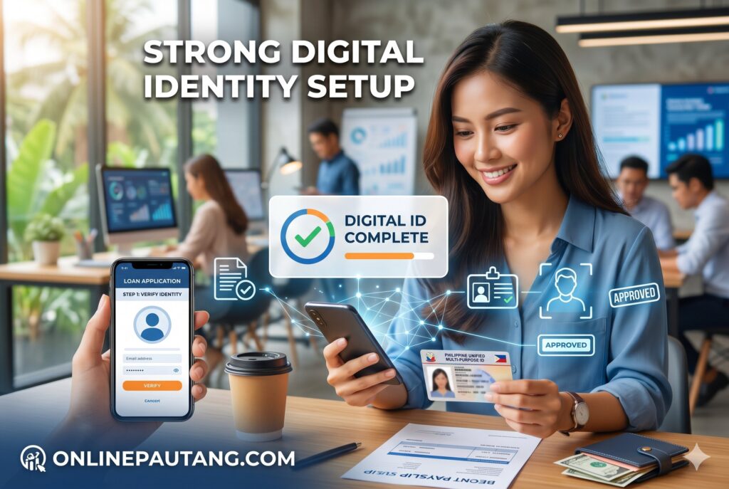Borrower preparing valid ID, verified e-wallet, and stable mobile number for fast loan app approval