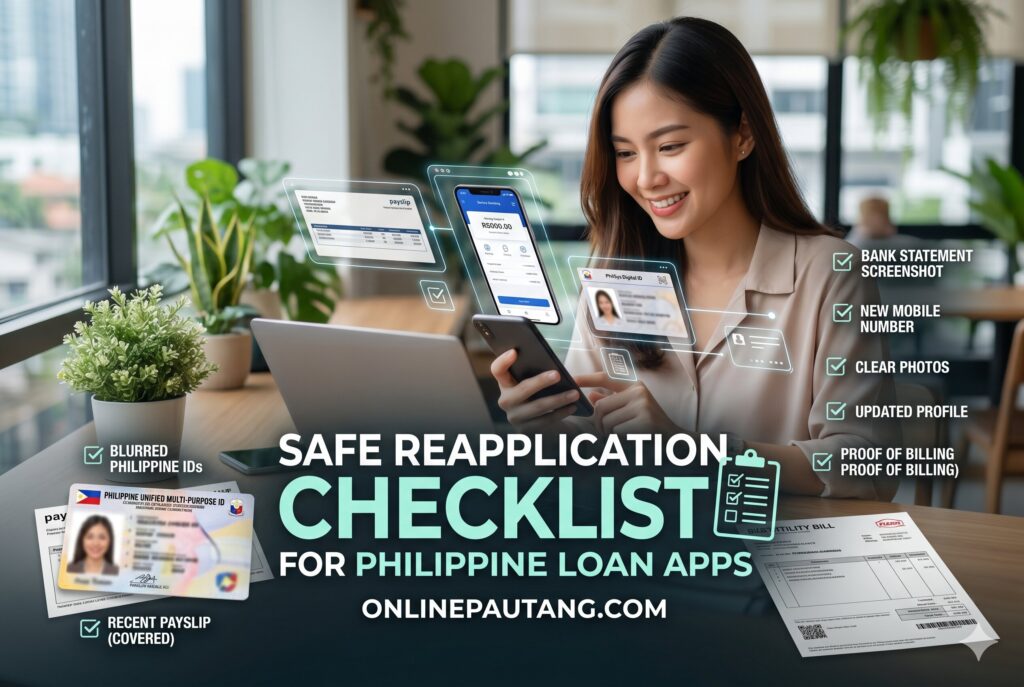 Checklist showing stable phone usage clearer selfies consistent contact information and safer reapplication timing for loan apps
