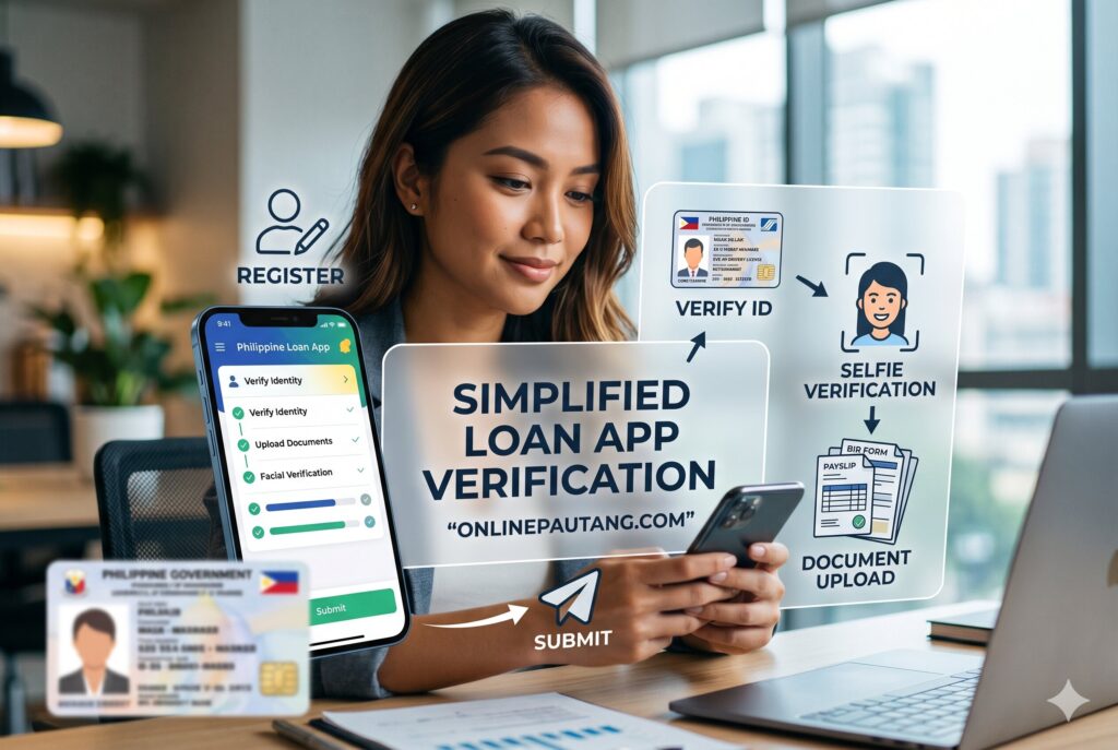 Digital loan app verification process in the Philippines showing ID upload selfie verification telecom checks and risk scoring