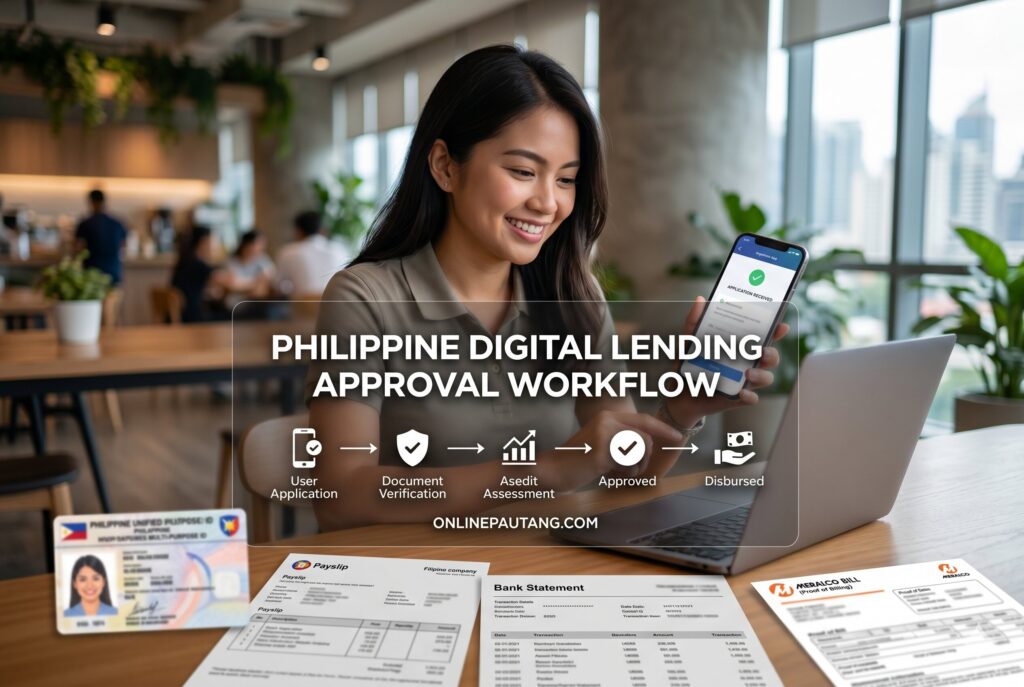 Easy approval loan apps Philippines workflow showing ID verification, selfie check, mobile verification, and e-wallet disbursement