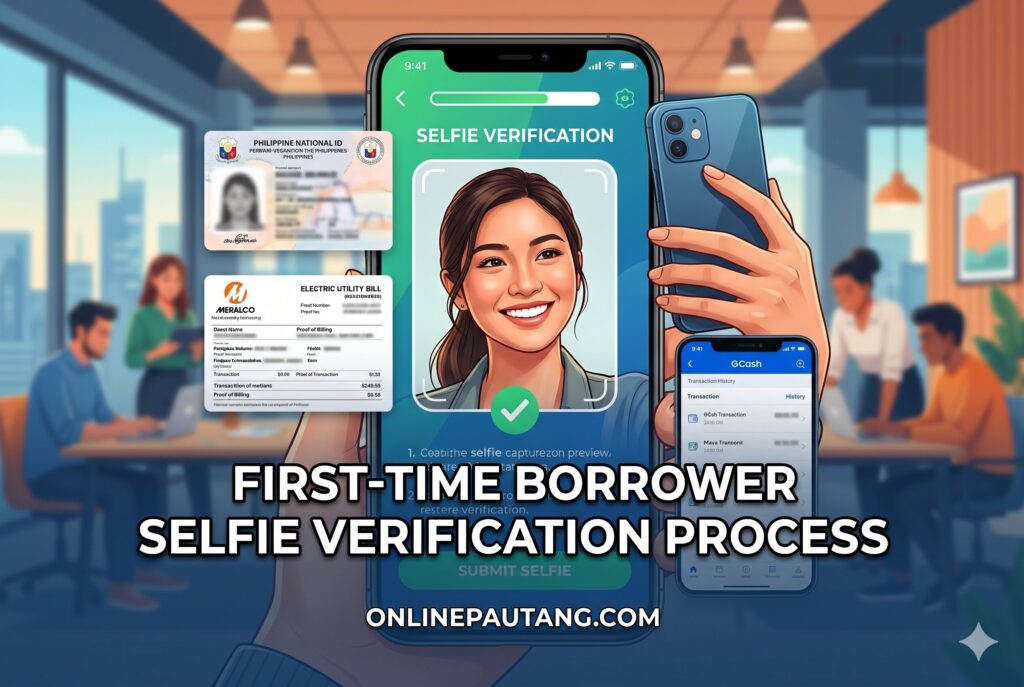 Filipino first-time borrower completing selfie verification on a loan app using a smartphone