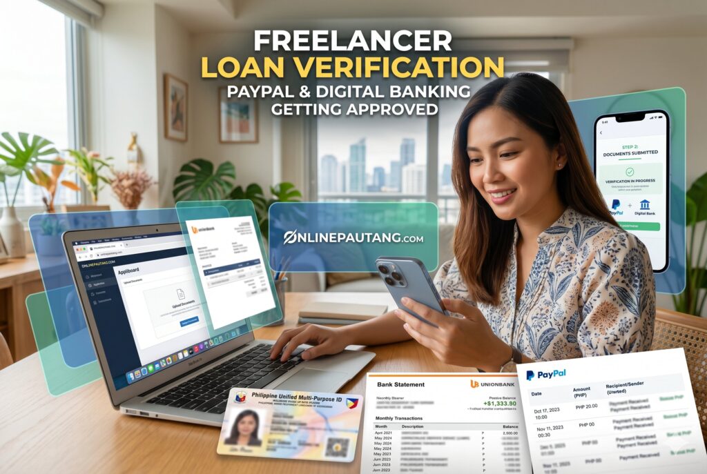 Filipino freelancer showing PayPal payout records and digital bank transfers during online loan application