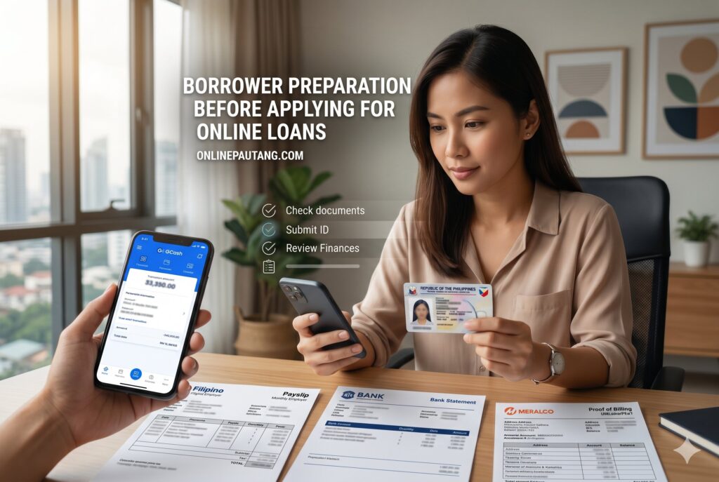 Philippine borrower preparing ID, selfie verification, and GCash account before loan app application