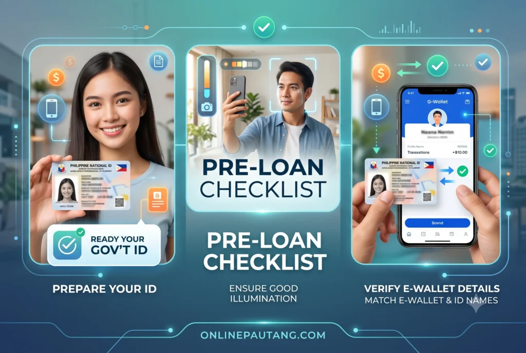 Infographic checklist for Filipino borrowers showing steps to prepare digital IDs, ensure good lighting, and match GCash account names before applying for an online loan.