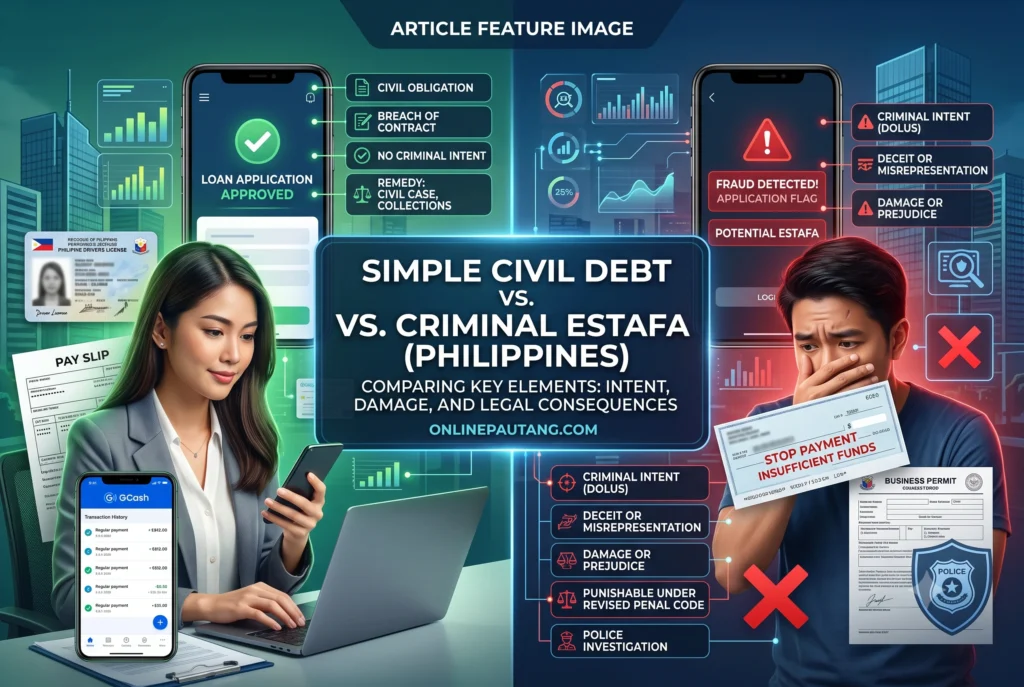 Comparison chart showing that simple debt involves financial inability to pay while estafa requires deliberate fraud and deceit