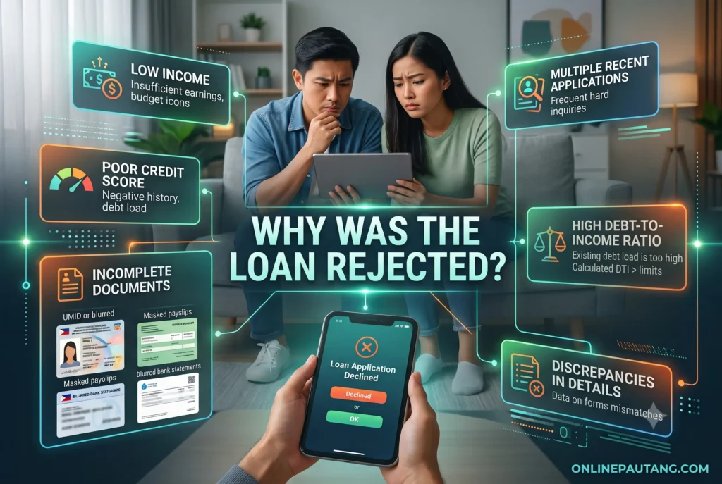 An infographic showing the common reasons for loan application rejection Infographic detailing main reasons for digital loan rejections including blurry IDs, mismatched names, and lack of alternative data history