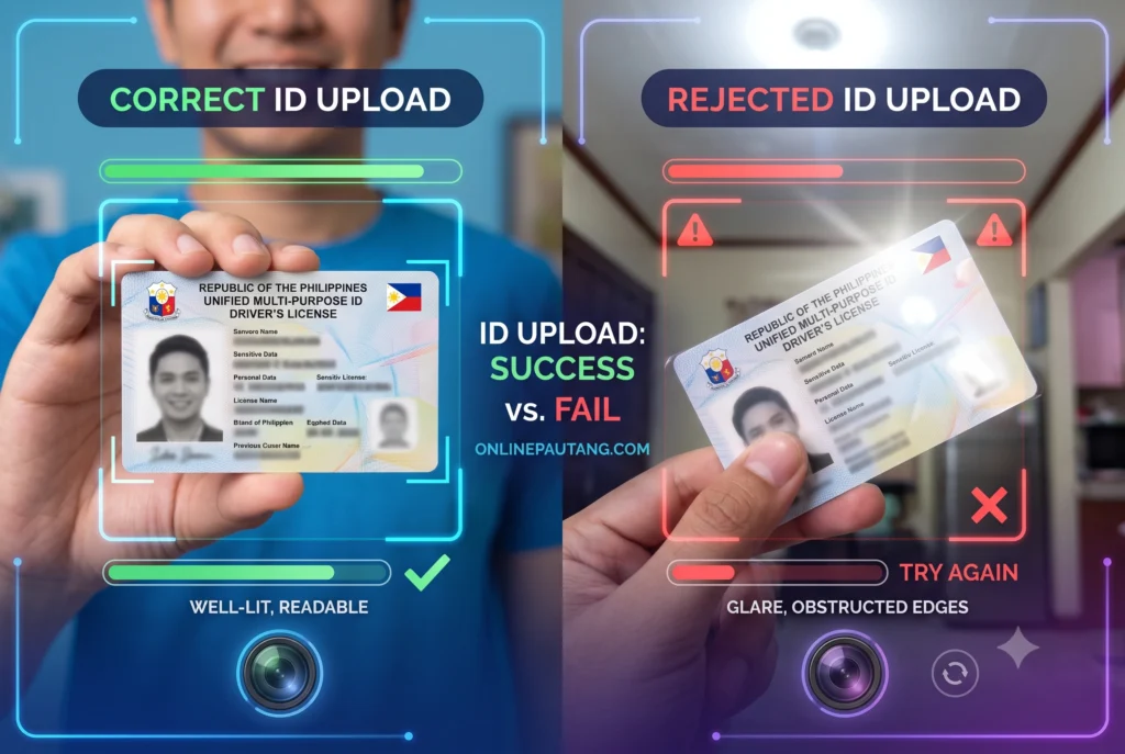 Comparison of a proper government ID photo with clear text versus an improperly photographed ID with glare, demonstrating why loan app applications get rejected