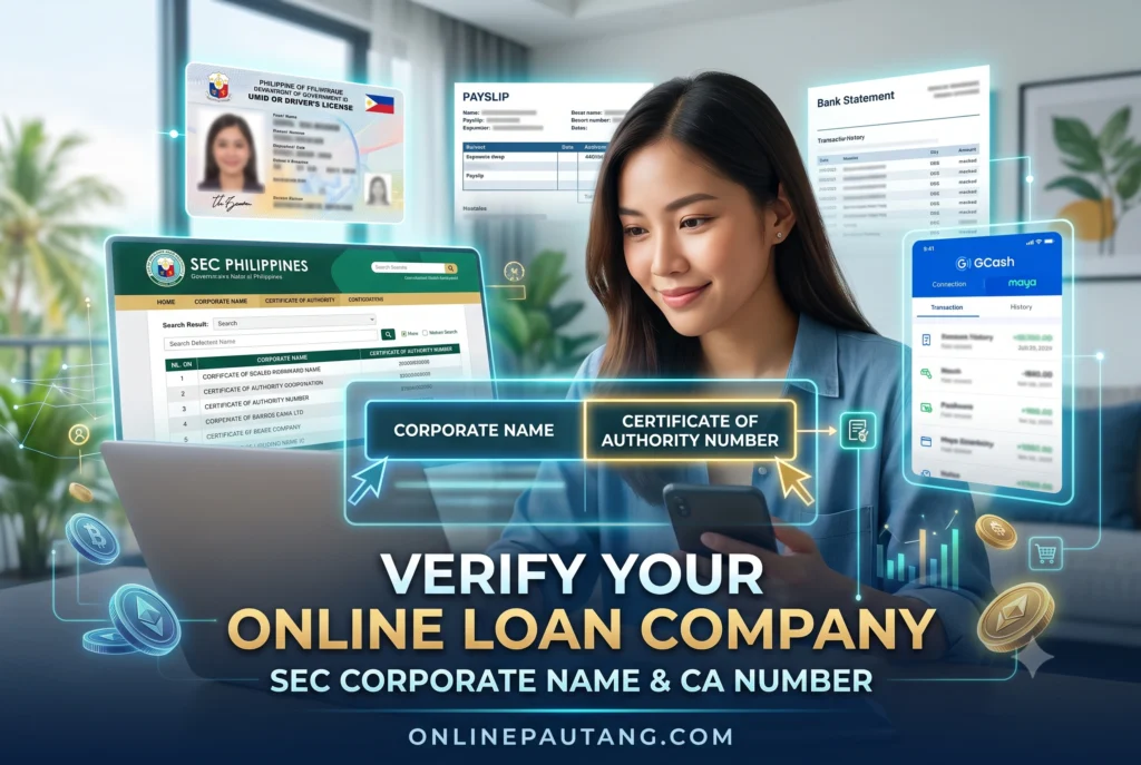 Screenshot of the SEC Philippines website highlighting the specific columns for Corporate Name and Certificate of Authority Number Official SEC Philippines PDF document highlighting the Certificate of Authority CA number and the doing business as columns