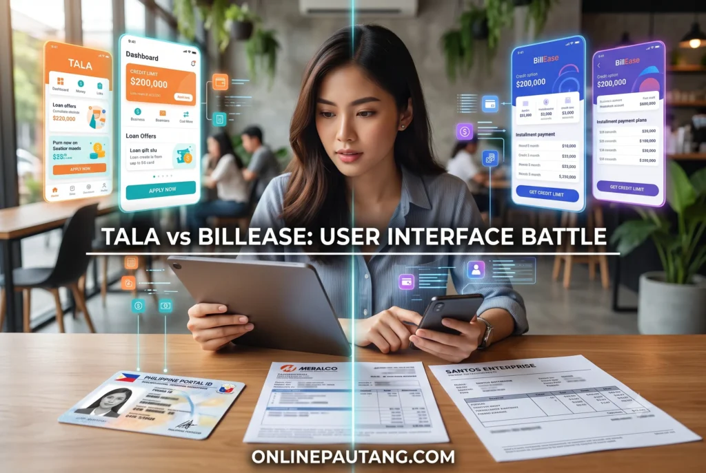 Screenshot comparison of the user interface between Tala and BillEase loan applications Side-by-side comparison of the Tala app fast cash approval screen and the BillEase installment plan selection interface on mobile phones