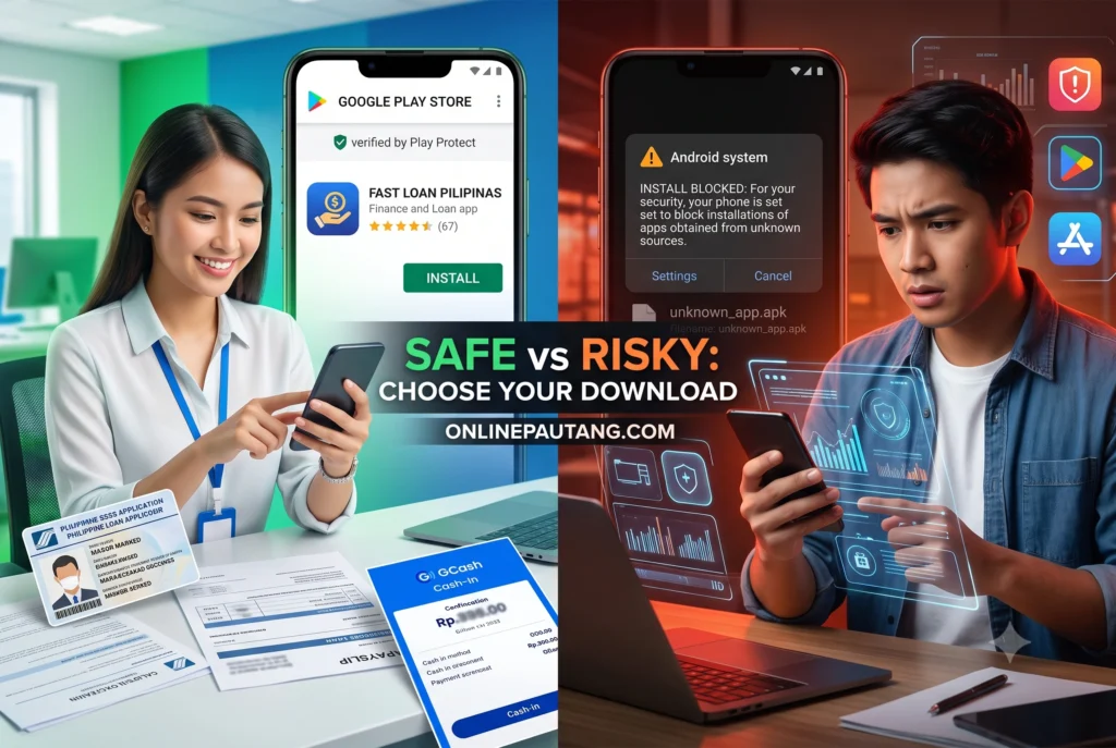 Split screen showing a safe Google Play Store download page vs. a warning screen for an unknown APK installation Comparison of a secure Google Play Store app download and a dangerous Android APK sideloading warning screen