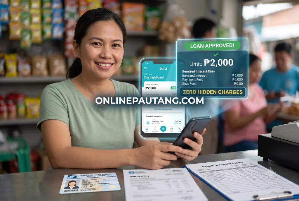 A close-up first-person view of a smartphone screen showing the Tala app's dashboard, displaying a starting credit limit and a completely transparent breakdown of the interest fees Smartphone displaying the Tala loan app dashboard, showing an approved micro-loan limit of 2,000 pesos with clear, itemized interest fees and zero hidden charges.