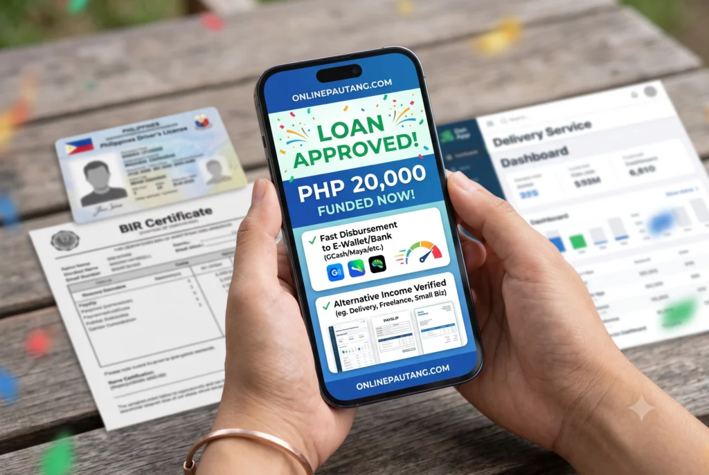First-person perspective of a successful loan approval screen on a mobile phone, demonstrating fast disbursement for alternative income earners.