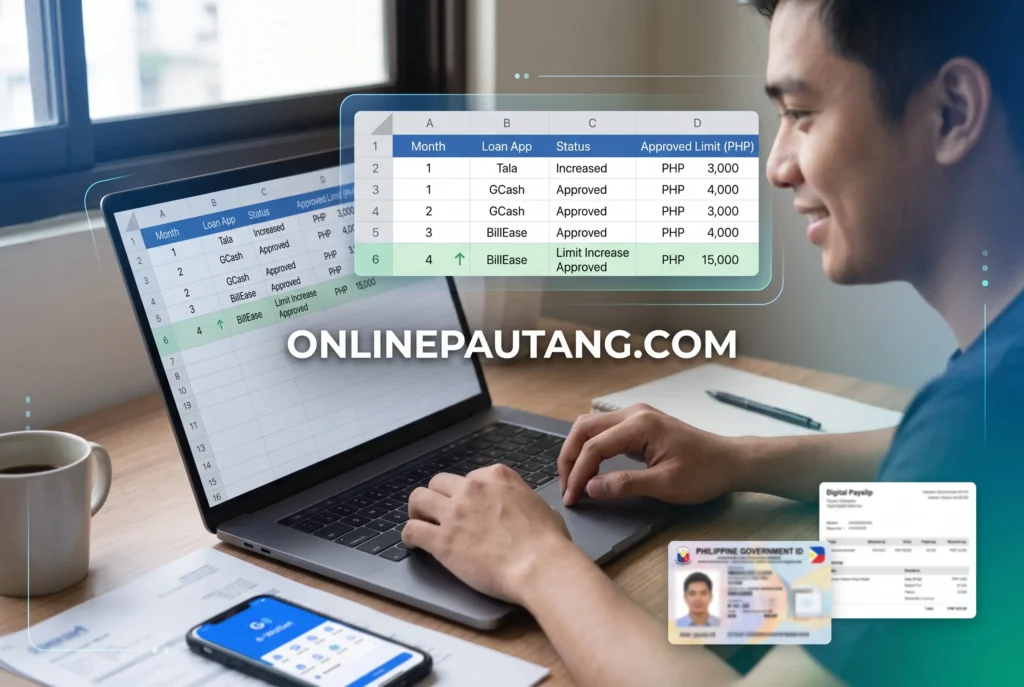 A close-up, slightly angled photo of a laptop screen showing a spreadsheet. The spreadsheet tracks six months of loan cycles across different apps, visually highlighting how BillEase limits jump from PHP 4,000 to PHP 15,000 after three months of BNPL usage. Data tracking spreadsheet demonstrating the algorithmic credit limit increase from PHP 4,000 to PHP 15,000 over three billing cycles on a BNPL app.