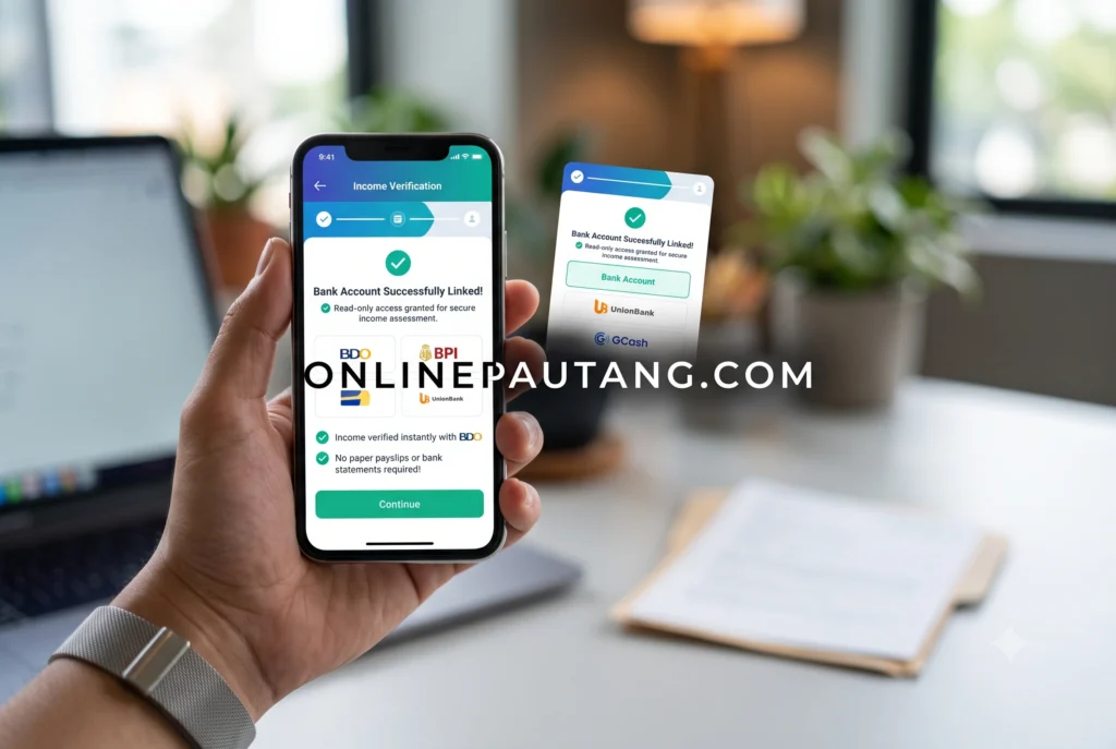 First-person UI screenshot of a digital lending app showing the read-only bank linking feature used for income verification without paper documents.