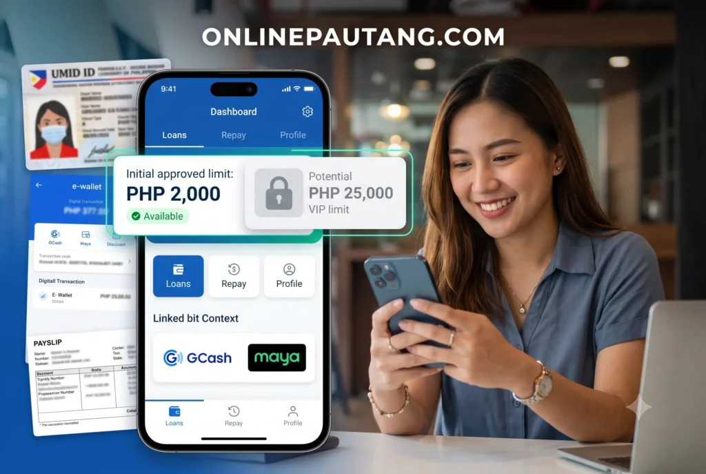 An anonymized screenshot of a smartphone showing a digital lending app's dashboard. The screen displays an initial approved limit of PHP 2,000 next to a locked, greyed-out icon indicating a potential PHP 25,000 VIP limit. First-person UI screenshot of a Philippine loan app showing a starting credit limit of PHP 2,000 and a locked algorithmic ceiling of PHP 25,000.