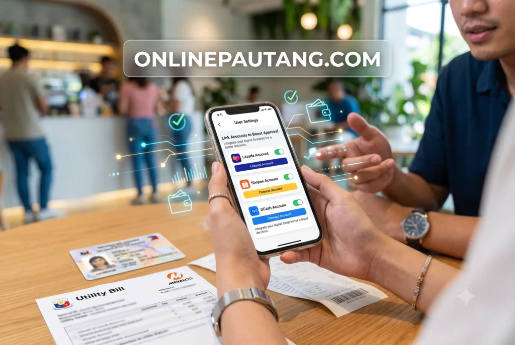 A real-world photo of two hands holding a smartphone, showing the settings menu of a loan application where options to link Lazada, Shopee, and GCash accounts are visible to boost approval rates. First-person view of a user linking e-commerce and e-wallet accounts inside a Philippine digital lending app to increase their algorithmic credit score.