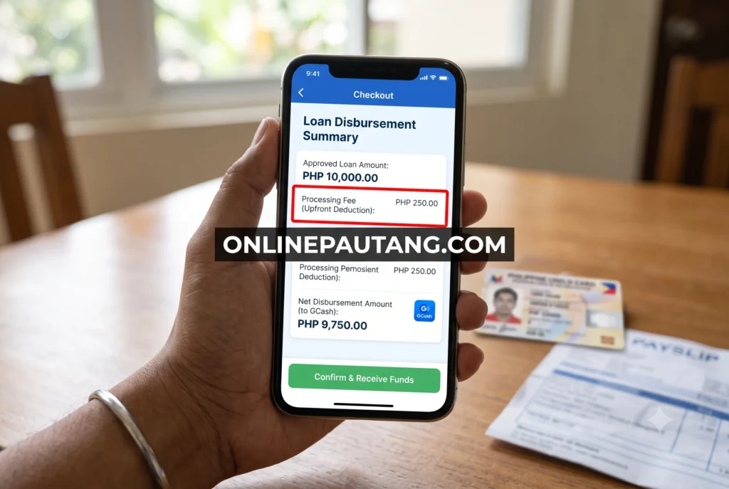 Mobile phone screen showing an online loan app's disclosure dashboard. First-person screenshot of a loan application checkout screen with a red box highlighting the upfront PHP 250 processing fee deduction before the final GCash disbursement amount.