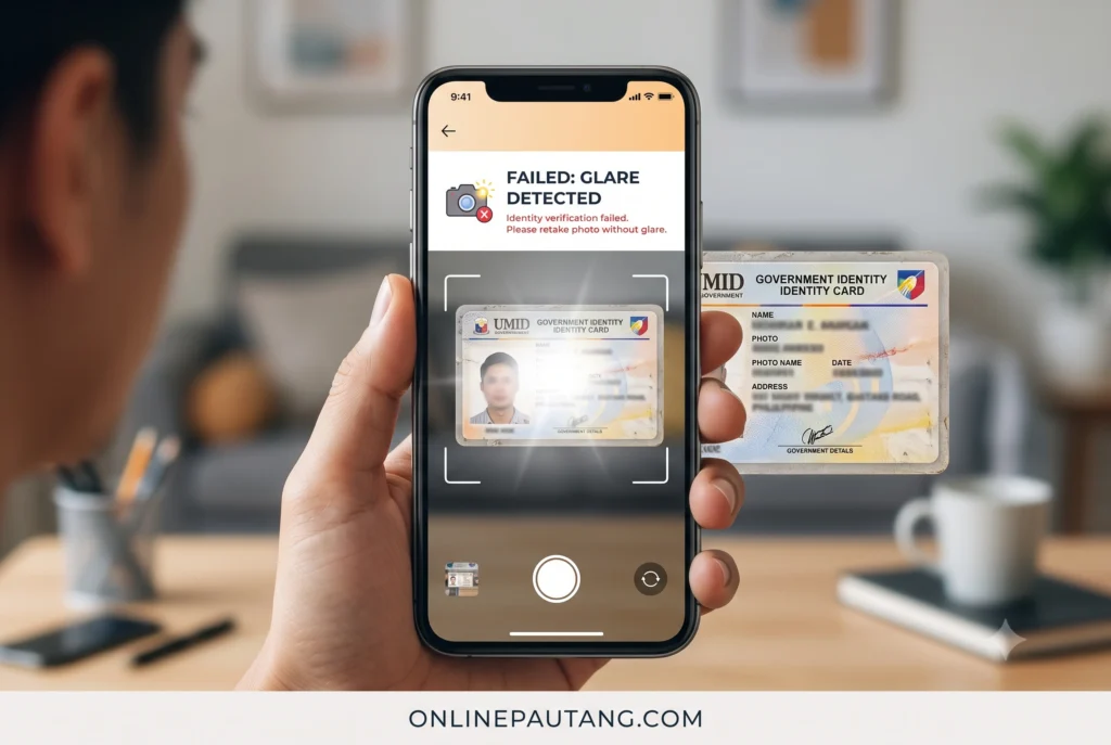 Real-world mobile phone screen showing an eKYC identity verification error caused by camera flash glare reflecting off a laminated government ID.