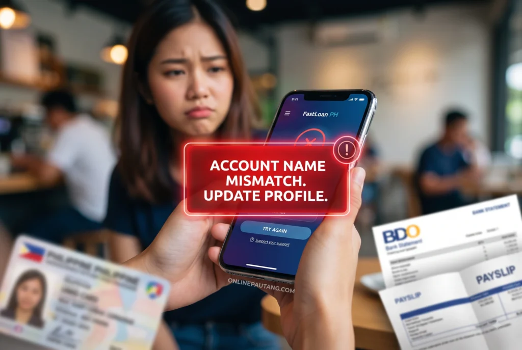 Screenshot of a loan app rejection screen overlaid on a blurred background, highlighting a red text box that reads 'Error: Receiving Account Name Mismatch. Please update your profile.' Realistic smartphone screenshot displaying a loan application rejection notice due to a mismatched GCash account name