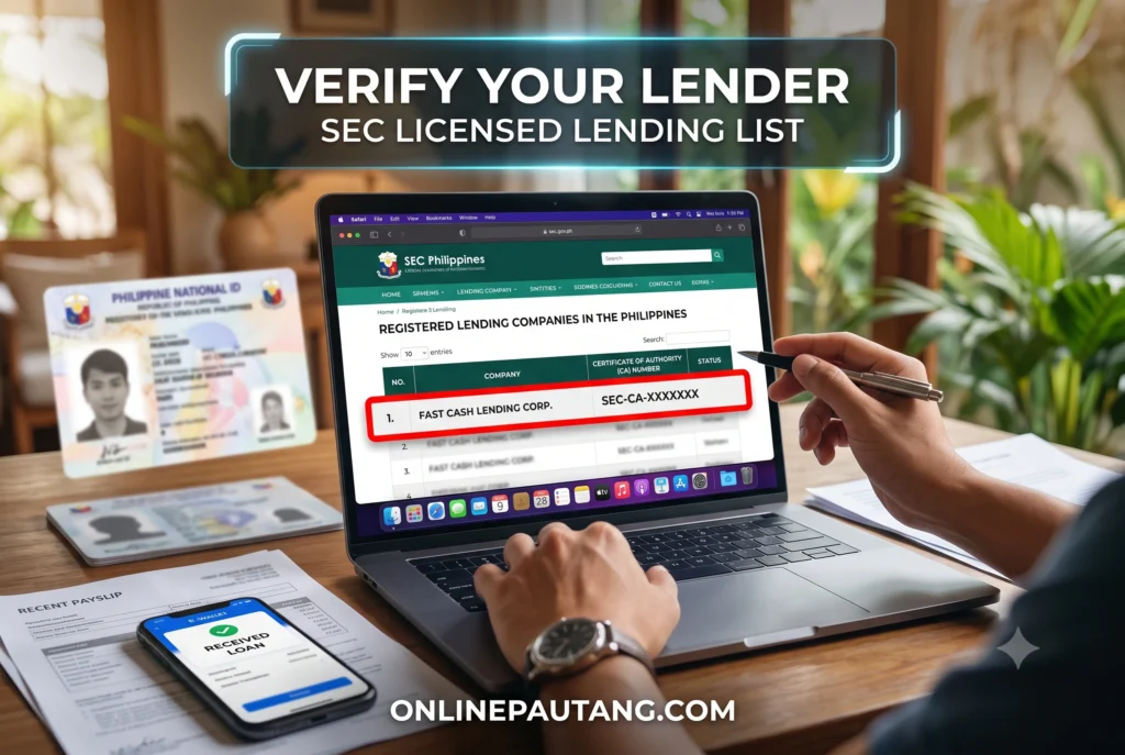 Screenshot of the SEC website's PDF viewer highlighting a specific corporate name and Certificate of Authority number A first-person view of the official SEC Philippines website showing the verified list of lending companies, with a red box highlighting a valid Certificate of Authority (CA) number.