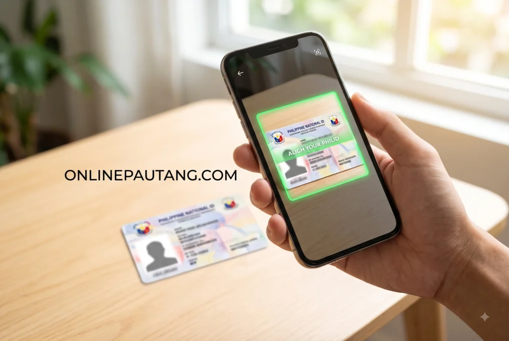 First-person perspective holding a smartphone, capturing a Philippine National ID under bright, natural daylight by a window. The UI shows an alignment box glowing green. Smartphone screen showing a successful ID capture for a loan application using a clear Philippine National ID under natural lighting.