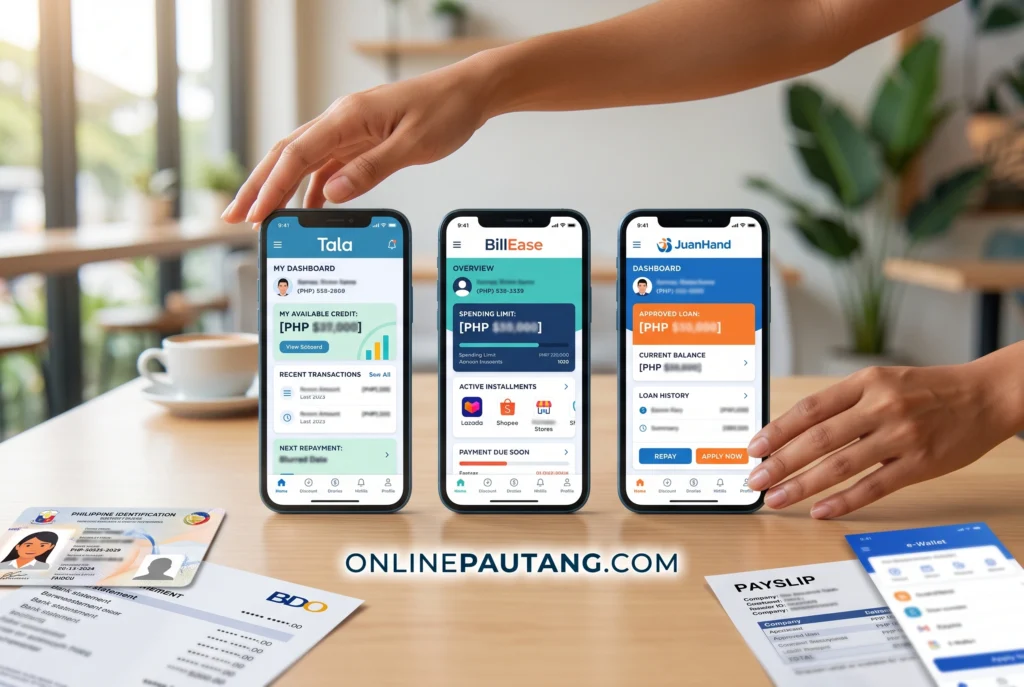 A side-by-side comparison of three smartphone screens showing the clean, professional dashboard interfaces of Tala, BillEase, and JuanHand, with personal account limits blurred out for privacy. Three smartphone screens displaying the user interfaces and available loan limits for Tala, BillEase, and JuanHand applications.