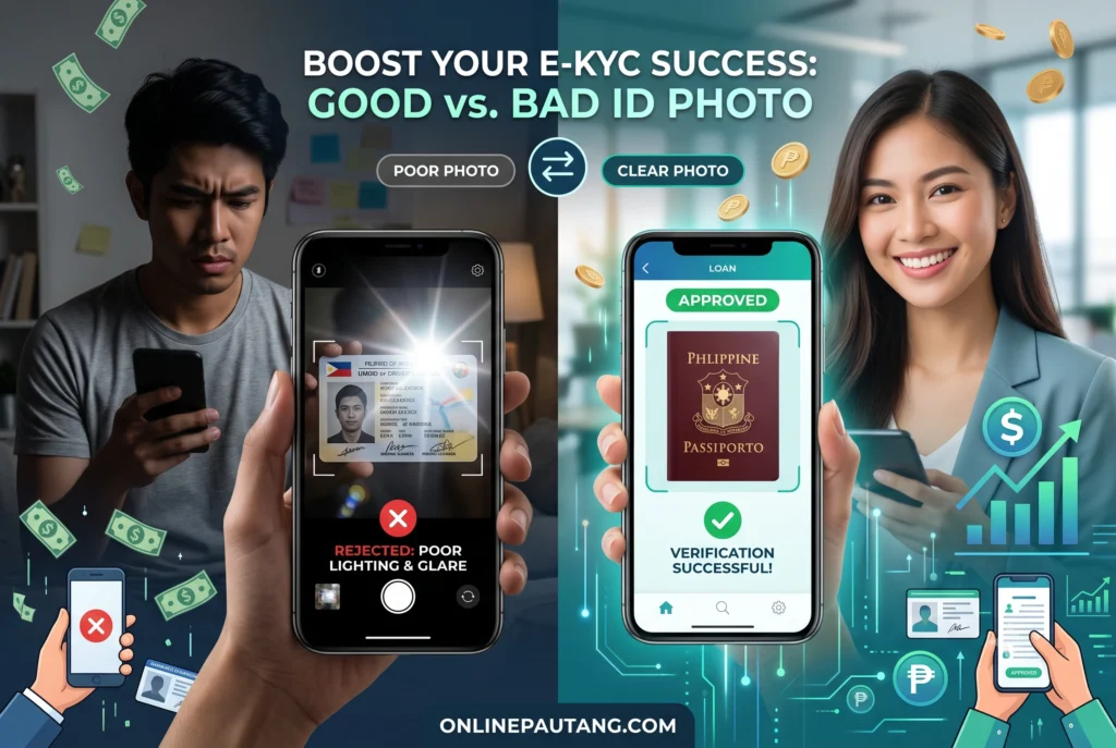 Two side-by-side smartphone photos of a Philippine UMID card. Comparison of a poorly lit ID photo with camera glare versus a clear, flatly lit ID photo used for successful eKYC verification on a loan app.